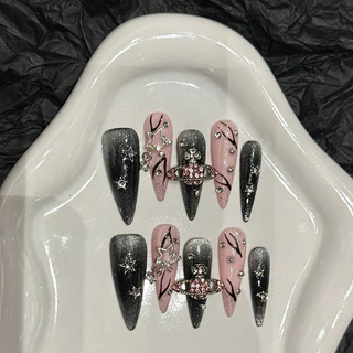 Handmade A2568เล็บปลอมที่ทำด้วยมือ ซีรีส์สาวฮอต แฟลชเพชรสีชมพูรอบดวงตาแมวเปลวไฟดาวเคราะห์ ปรับแต่งด้วยมือ