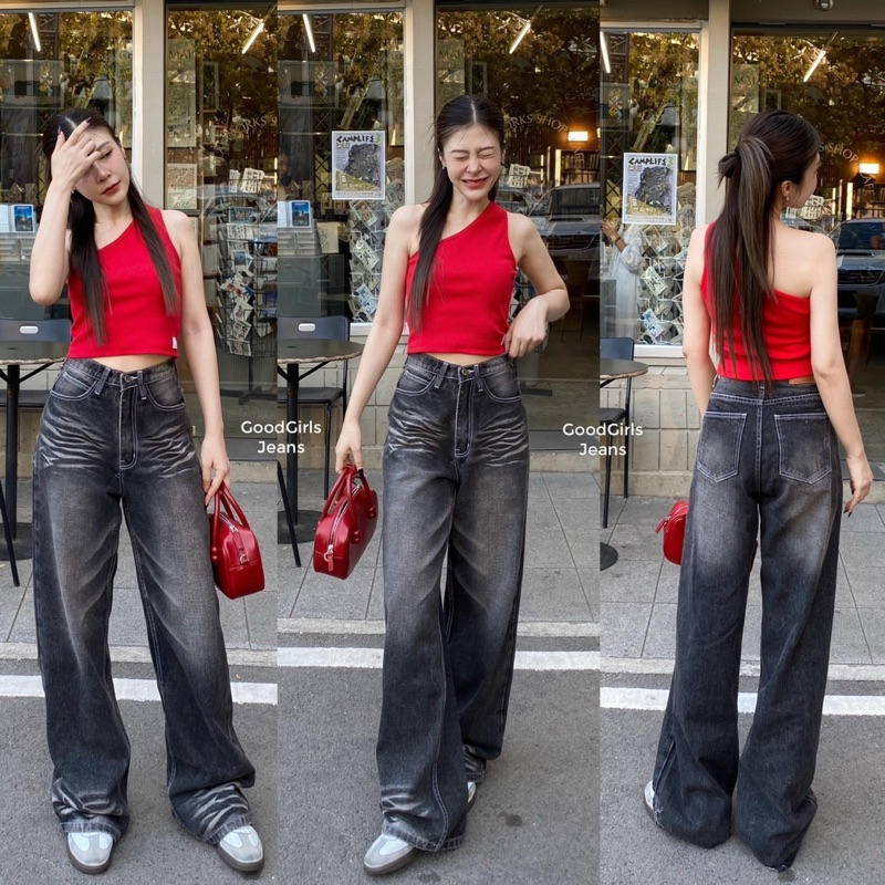 New Arrival Baggy Jeans🖤กางเกงยีนส์ ขากระบอกใหญ่ ผ้าไม่ยืด สีดำเดินด้ายขาว ฟอกเฟด กางเกงยีนส์ผู้หญิง