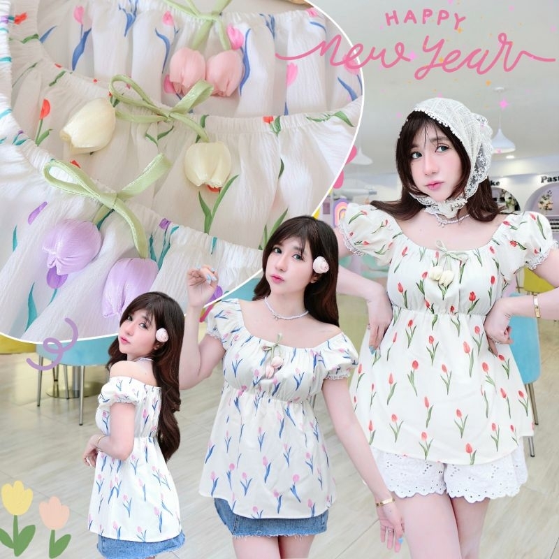 Mikoทิวลิป เสื้อจั้มเอวแขนตุ๊กตา ห้อยดอกทิวลิปปอมๆน่ารักมากๆ