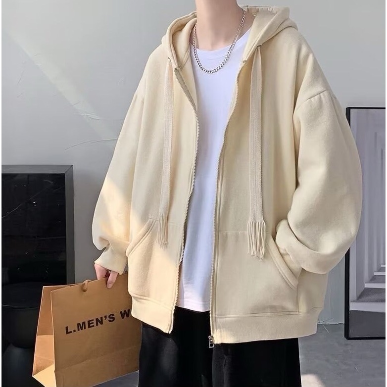 เสื้อแขนยาวฮู้ด Oversize (อก 48-50 นิ้ว) ซิปหน้า มีเชือกเส้นใหญ่ สีพื้น มีกระเป๋า ผ้าคอตตอล B110