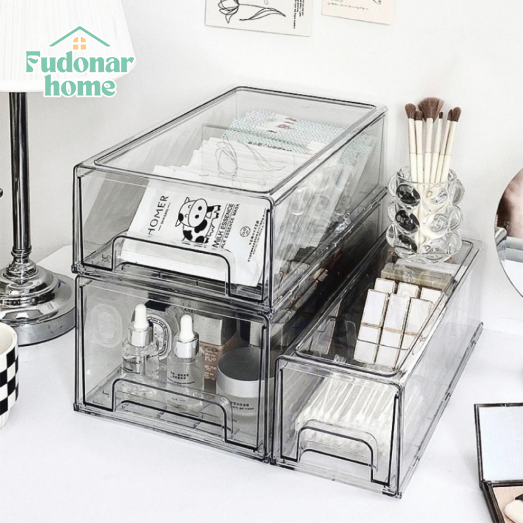 FUDONAR กล่องเก็บของอะคริลิคแบบลิ้นชัก เลื่อนเปิด-ปิดวางซ้อนได้ ลิ้นชักเก็บสิ่งของ มองเห็นสิ่งของได้