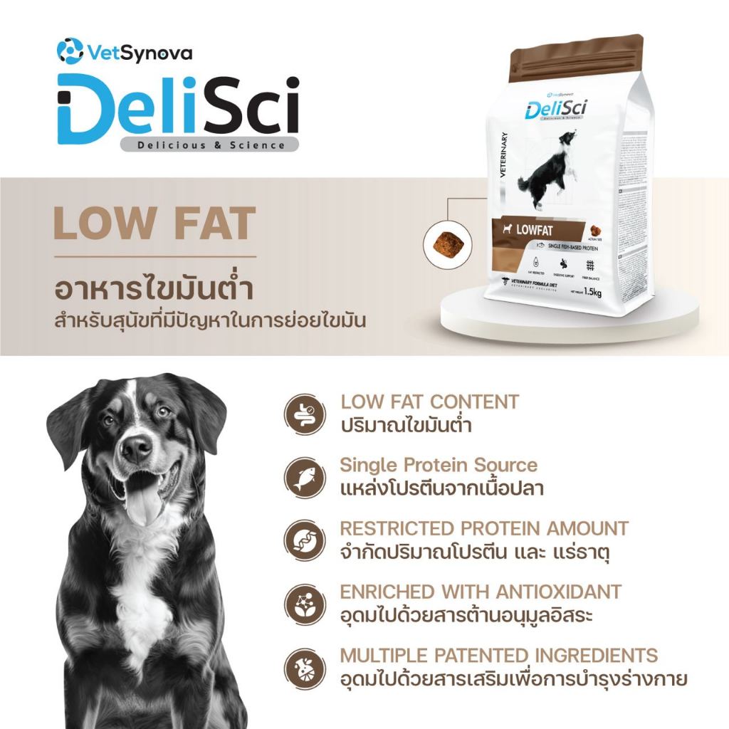 Delisci low fat อาหารจำกัดปริมาณโปรตีน และ ไขมัน สำหรับสุนัข <8kg>