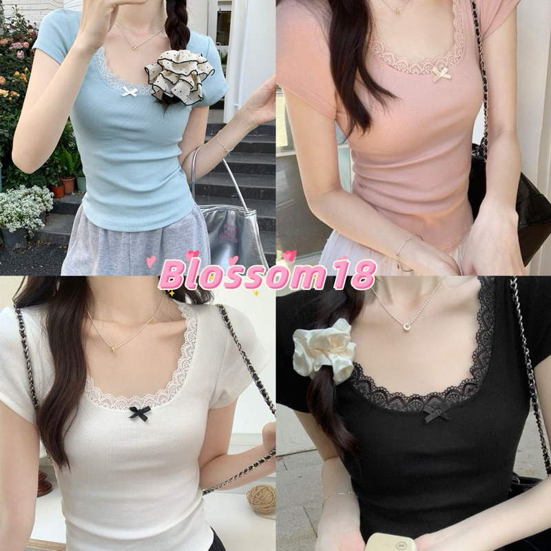 พร้อมส่ง💙 เสื้อยืดแขนสั้น เสื้อลูกไม้ คอกลมลายลูกไม้ ตกแต่งโบว น่ารัก ใส่สบาย