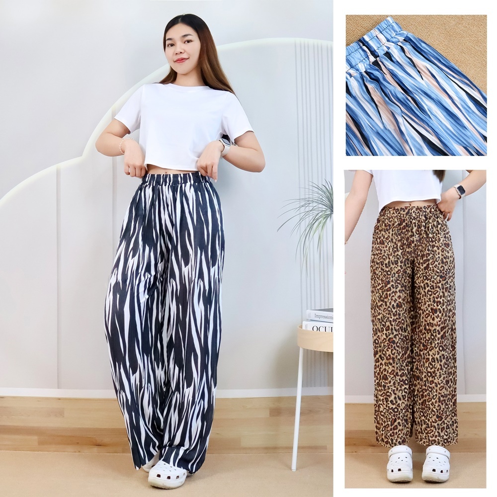 กางเกงขายาว 9 ส่วน กางเกงทรงขากระบอกใหญ่ ปลายขาตัด พิมพ์ลายเสือ ลายกราฟิก ผ้ามัน เนื้อผ้านิ่ม p9782#