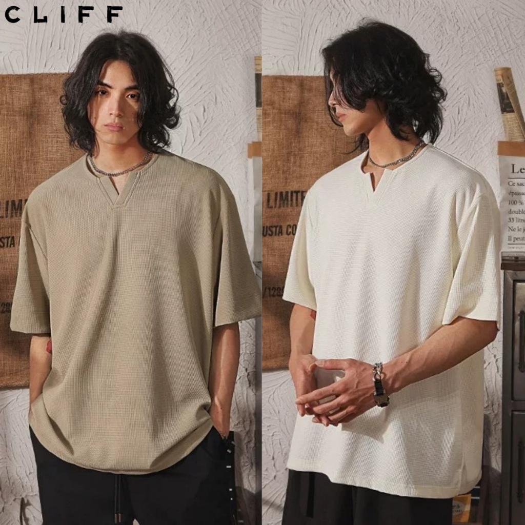 เสื้อยืดคอวีวาฟเฟิลสไตล์เกาหลี CLIFF แขนสั้นชายหลวมสบายรับหน้าร้อน