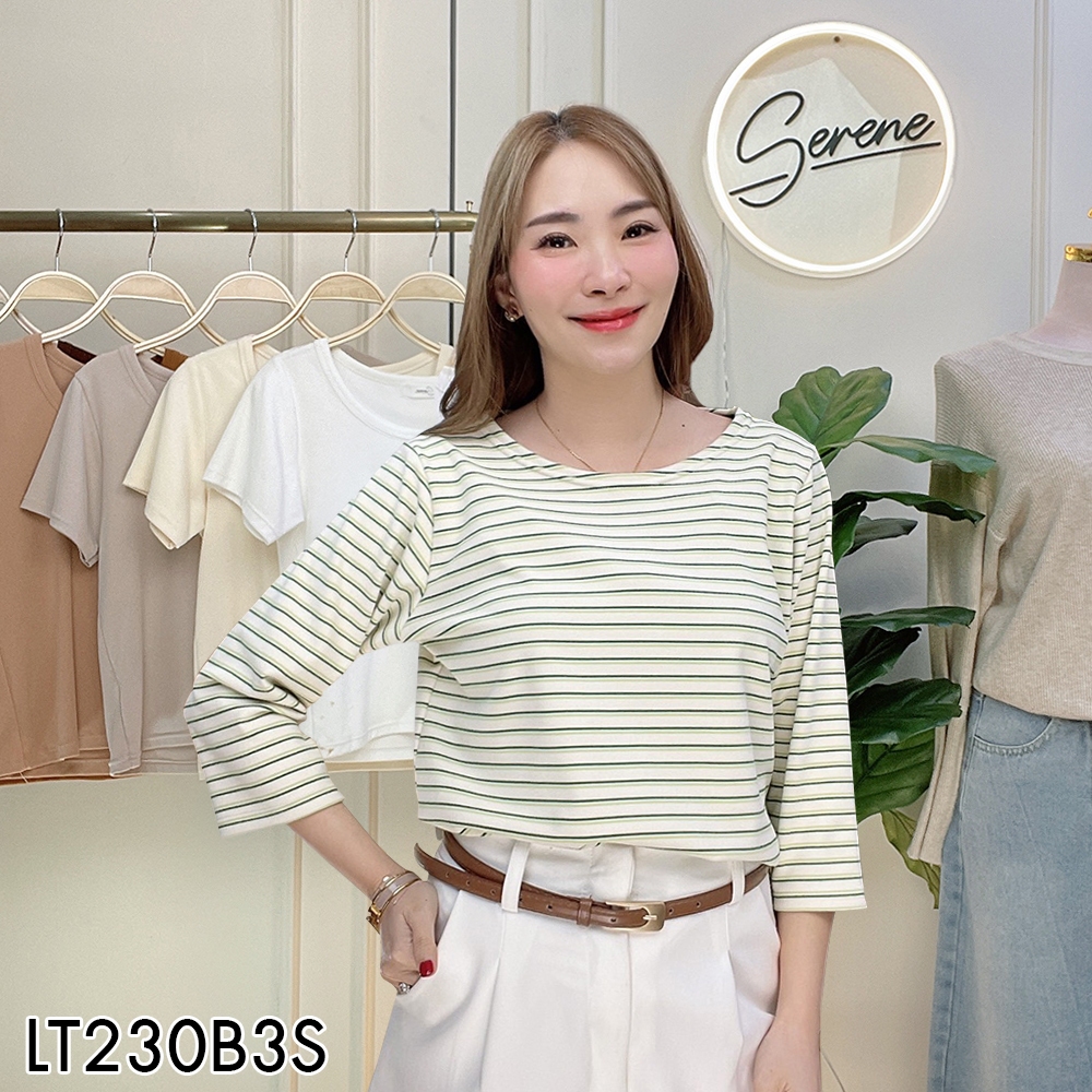 Serene's Choice เสื้อคอปาดผ้าลายทางเล็ก แขนสามส่วน Boat Neck and Striped 3/4 Sleeves Shirt