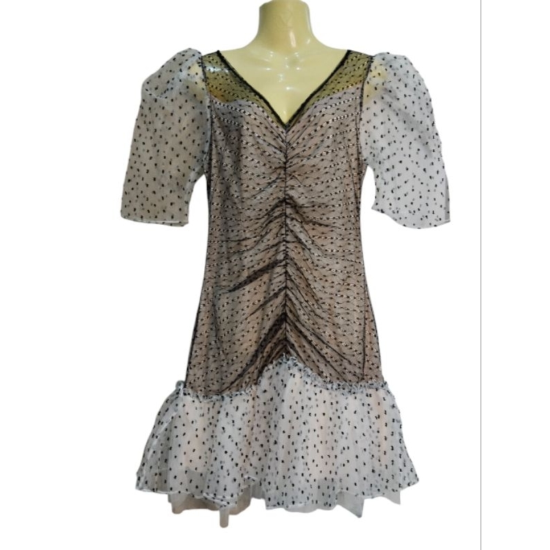 ส่งต่อ ป้าย thicha ชุดเดรสผ้าแก้วปัดลายจุด แขนพอง แต่งระบายชายกระโปรงทรงสวยเก๋