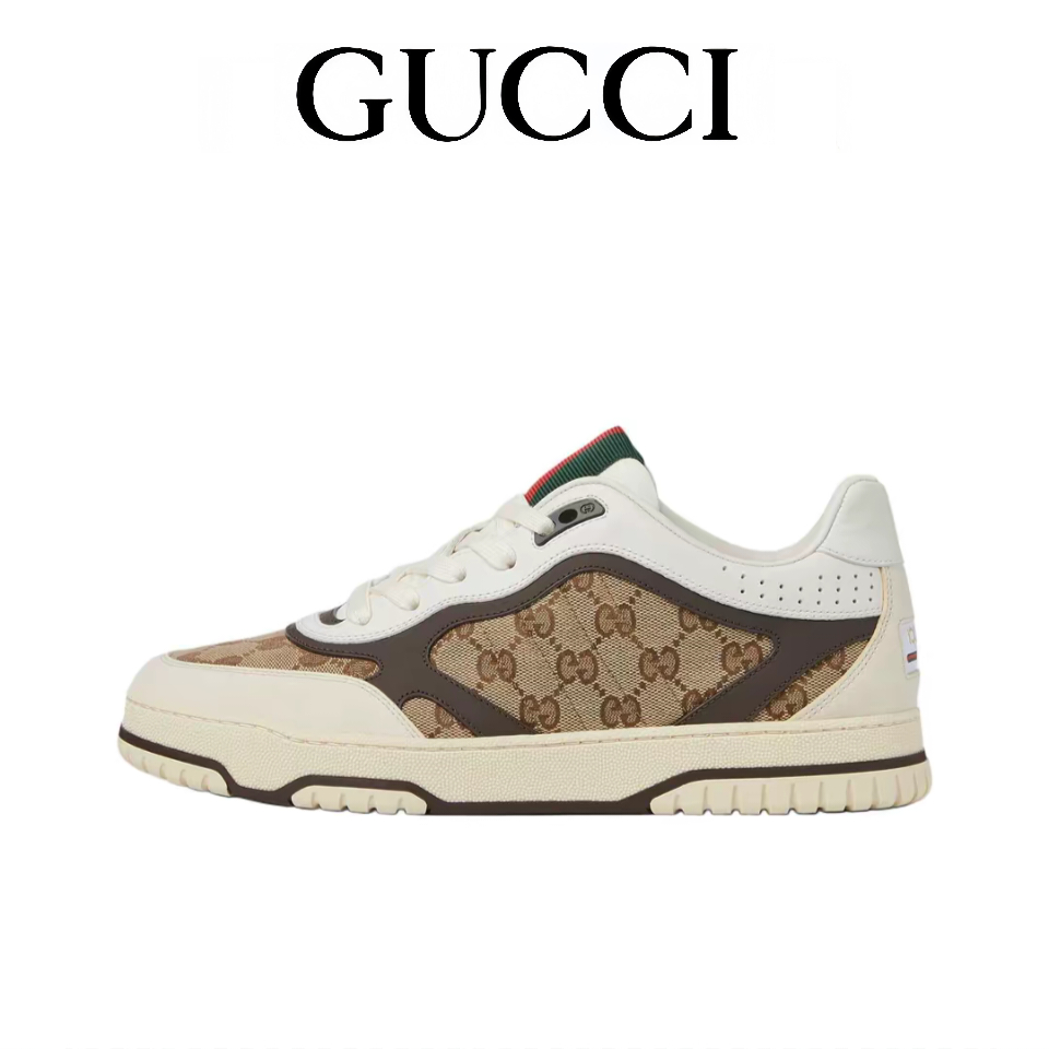 รองเท้าลำลอง Gucci Re-Web สำหรับผู้ชายและผู้หญิง รองเท้าผ้าใบผูกเชือกทรงเตี้ย สีน้ำตาลและสีเบจ