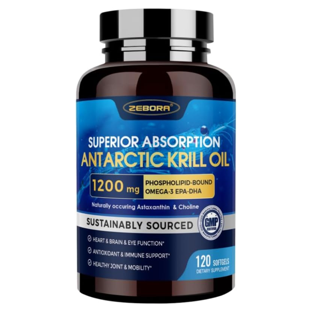ZEBORA Krill Oil 1200 mg Omega 3 Supplement, Krill Oil Omega 3 with High Absorption EPA, DHA, 120 Softgels(Sku.2545)