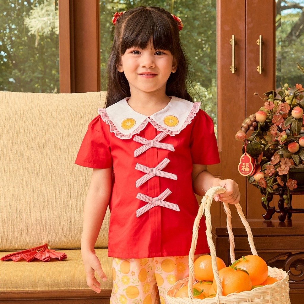 e’clat เสื้อตรุษจีน เสื้อสีแดง เสื้อเด็กผู้หญิง1-6ปี คอปกปักลาย กระดุมหลัง เนื้อผ้าป๊อปปริ้นcotton100%ผ้าไม่ยืด8073
