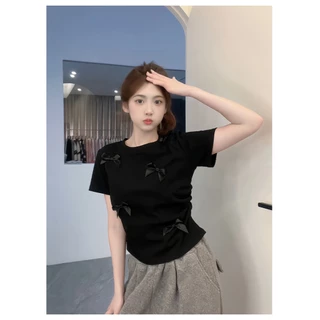 Beryl 🌻 เสื้อยืดคอกลมผูกโบว์สีขาวสำหรับผู้หญิง 🎀 เวอร์ชั่นเกาหลี น่ารัก ขี้เล่น แขนสั้น ลำลอง ผอมเพรียว เสื้อท่อนบน