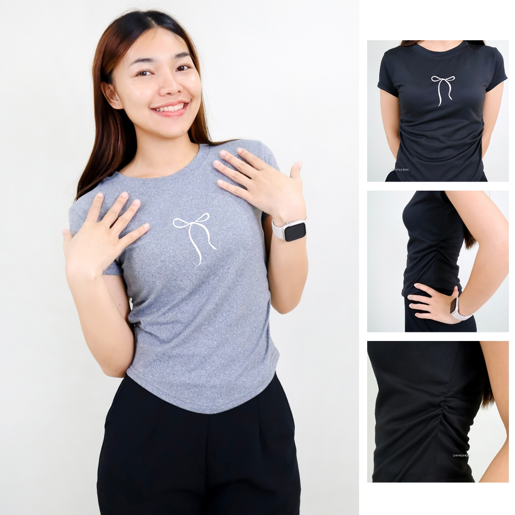 เสื้อยืด มี 2 ไซส์ เสื้อผู้หญิง คอกลม แขนสั้น ปักโบว์ เอวจั้ม ผ้าคอตตอนผสม t430# tb4302-2XL#