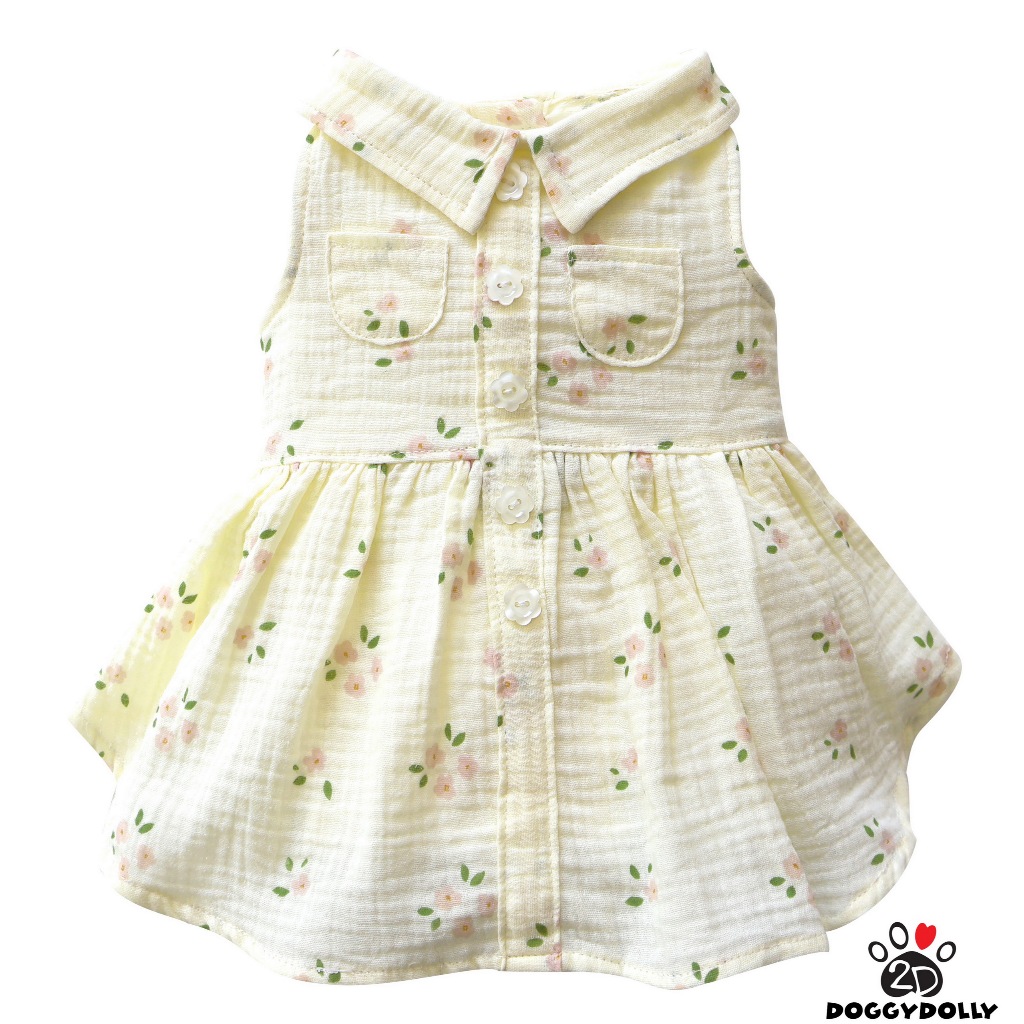 Pet clothes -Doggydolly  เสื้อผ้าแฟชั่น น้องหมาน้องแมว ชุดกระโปรง คอปก แขนกุด สีครีม  ขนาดไซส์ 1-9โล D809