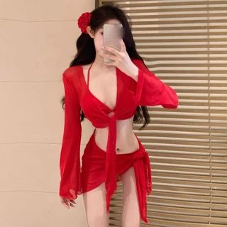 บิกินี่ ชุด 4 ชิ้น ชุดว่ายน้ำแขนยาวสีแดง😍ไซส์ M-3XL💗เซ็กซี่ ชุดเที่ยวทะเล 🚚ส่งไวจากไทย1-2วัน
