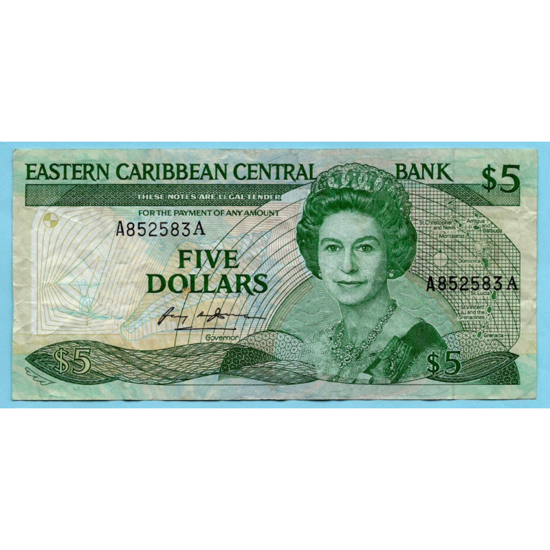 Eastern Caribbean , 5 Dollars 1986
