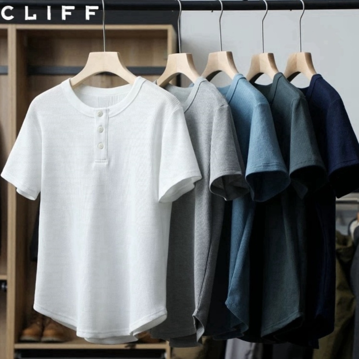 CLIFF ฤดูร้อน ผู้ชาย แขนสั้น วาฟเฟิลด์ ลำลอง สีล้วน แมทช์ลุคง่าย ไซส์ใหญ่