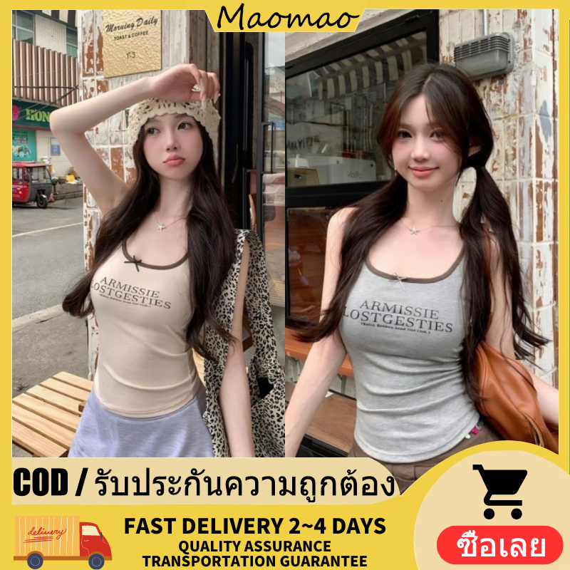 Maomao ​พร้อมส่ง เสื้อกล้าม คอกลม มีฟองน้ำ ดีเทลสกีนตัวอักษร สีพื้นง่ายๆ เกาหลีน่ารัก จุดต่ําสุด ด้านบนผู้หญิงฤดูร้อน