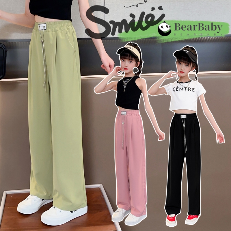 กางเกงลำลองเด็กหญิง กางเกงขายาวเด็กหญิง ทรงหลวม มีโซ่สีเงิน สีพื้น งาแฟชั่น ใส่สบาย