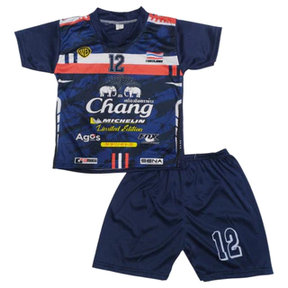 ชุดกีฬาเด็กลายช้าง chang S-M ผ้ามันไมโคร S 1-2 ปี 7-12โล ,M 2-4 ปี 12-17โล ชุดบอลเด็ก