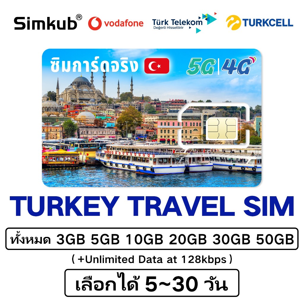 TURKEY SIM ซิมท่องเที่ยวตุรกี 5G/4G อินเตอร์เน็ต ทั้งหมด 3GB-50GB เลือกได้ 5-30วัน ฟรีเข็มถาดซิม