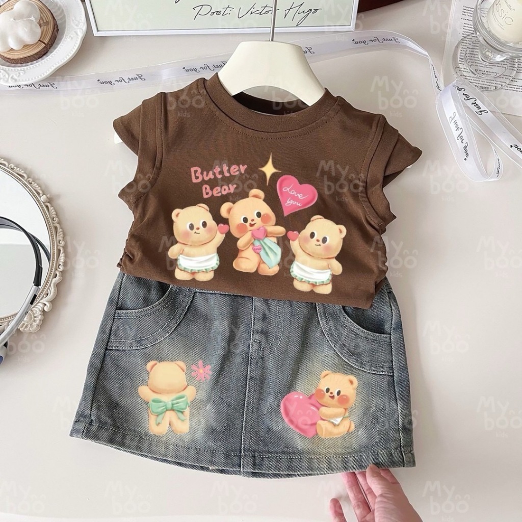 ✅พร้อมส่ง 👧🏻ชุดเซตลูกสาว2ชิ้น เสื้อครอปสีน้ำตาล+กระโปรงสั้นยีนส์แท้ น่ารักทั้ง 2 ลายเลยแม่