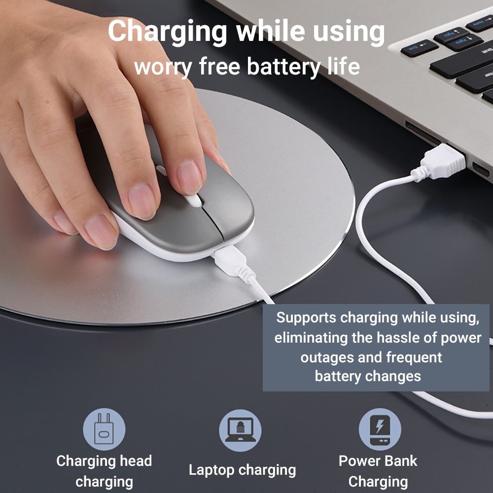 เมาส์บลูทูธไร้สาย เมาส์โน้ตบุ๊กแบบบางเงียบพร้อมไฟ LED โหมดคู่ พกพาได้ (BT5.1 + ตัวรับ USB) เมาส์คอมพิวเตอร์โหมดคู่