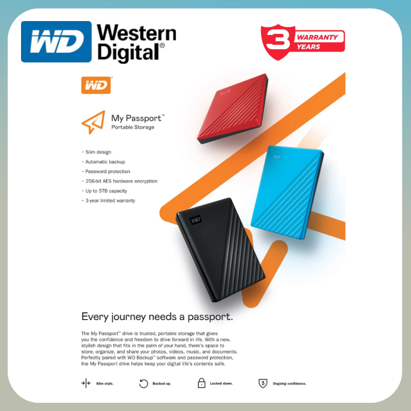 WD USB3.2Gen1 4TB/2TB/1TB Western Digital HDD External Harddisk ฮาร์ดดิสพกพา รุ่น My Passport ความจุ