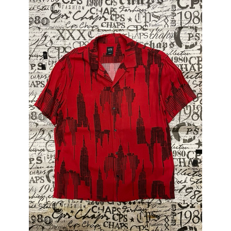 CPS CHAPS GRAPHIC GRAND TOWER RED PRINT HAWAII SHIRT SIZE M สภาพใหม่ ของแท้ 100% เสื้อเชิ้ตฮาวายผู้ช