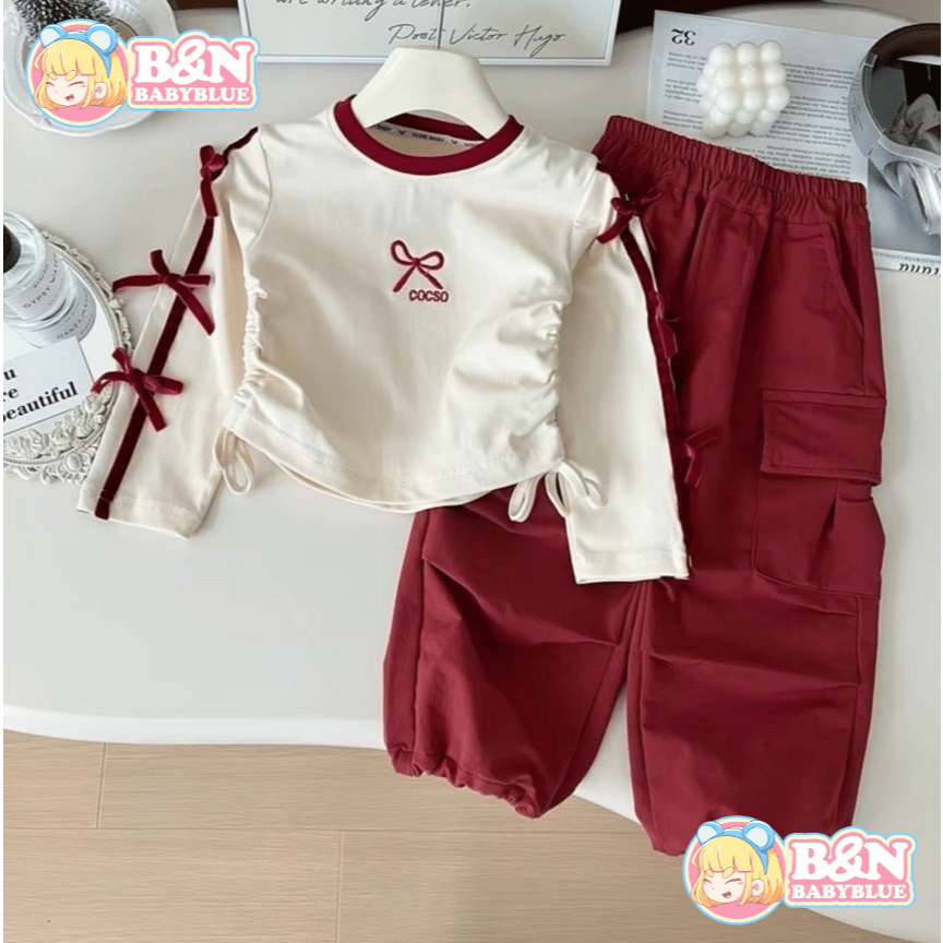 BN babyblue ชุดเซ็ตแฟชั่นเด็กหญิง รหัส SRK ชุดเซ็ตคาโก้ เสื้อแขนยาวแต่งโบว์สุดน่ารัก