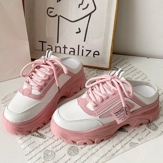 DV รองเท้าผ้าใบผู้หญิง รองเท้าผ้าใบส้นหนา สูง5ซม ระบายอากาศได้ดี ใส่สบาย ใส่สวยมาก สีชมพูน่ารัก - รูปที่ 2