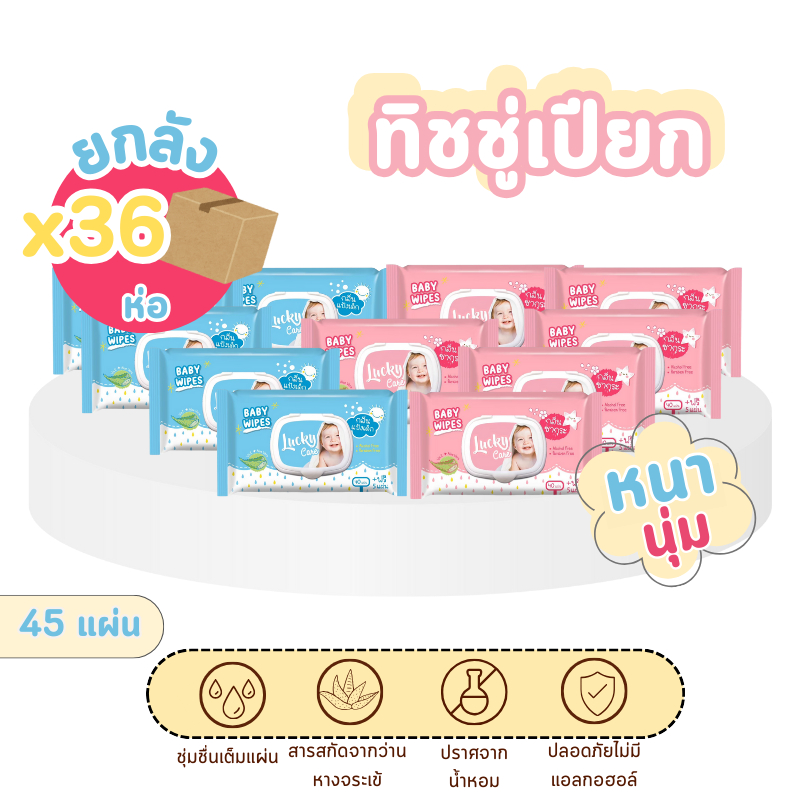 (36ห่อ/ลัง) ทิชชู่เปียกLucky Care45แผ่น กลิ่นแป้งเด็ก/ซากุระ มีวิตามินอี อโรเวล่า ไม่มีพาราเบน
