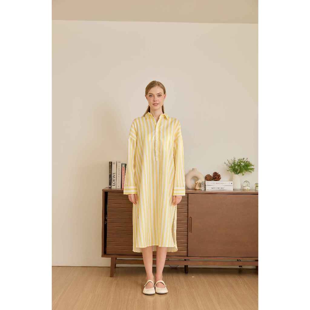 Striped serenity Cotton long dress - เดรสยาวลายทาง เปิดให้นมด้านหน้า ผ้าคอตตอน100%