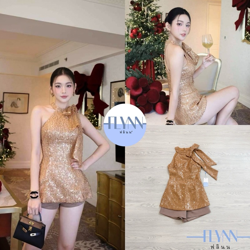 flyn  Set เสื้องานปักเลื่อมสีทองอกเสริมฟองน้ำ แขนเว้าโชว์ไหล่ แต่งด้วยโบว์ที่คอ หรูหราไปอีก มาพร้อมก