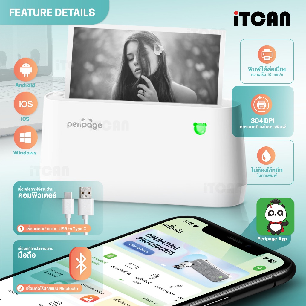 iTCAN เครื่องปริ้นความร้อน Peripage A9 A9Max A9SMax เครื่องปริ้นพกพาขนาดเล็ก ปริ้นใบปะหน้าพัสดุ