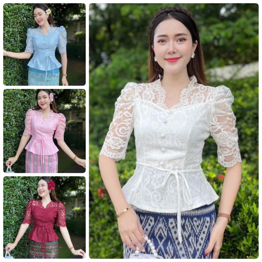 HM - TB เสื้อลูกไม้สีขาวระบายแขนกระบอก 3ส่วน ซิปหลัง