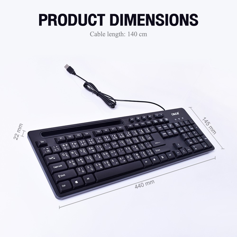 OKER คีย์บอร์ด รูปแบบมาตรฐาน มีที่วางโทรศัพท์ OKER USB KEYBOARD WIRED DESKTOP K758