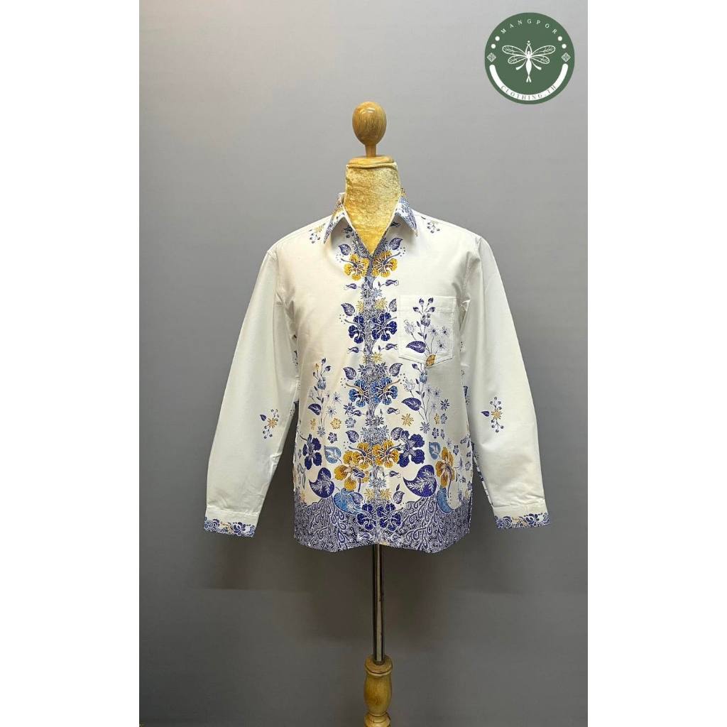 เสื้อผู้ชายแขนยาวปาเต๊ะอัดกาว ลายดอกชบา (เสื้อผ้าไทย)