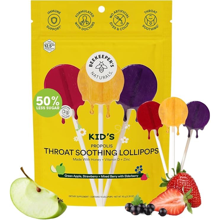 Beekeeper's Naturals Kids Propolis Throat Soothing pop อมยิ้มบรรเทาอาการเจ็บคอ ภูมิคุ้มกันสำหรับเด็ก ลูกอม