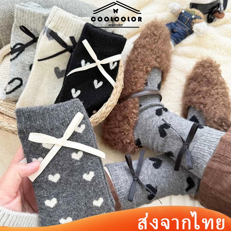 ในไทย ถุงเท้าผ้าฝ้ายประดับโบว์ลายจุดแบบหนาน่ารักหวาน Insสไตล์เกาหลีกันเหงื่อความยืดหยุ่นสูงสำหรับผู้หญิง