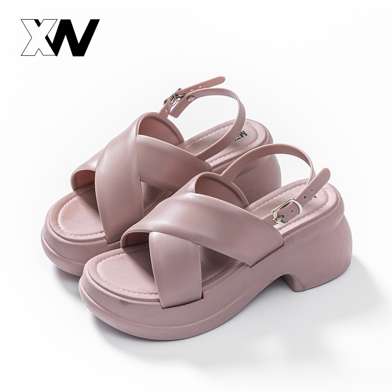 XWbrand งานฮอตฮิต รองเท้ารัดส้นแฟชั่นสไตล์เกาหลี สีนู้ดสุภาพแมทช์ง่ายใส่ได้ทุกโอกาส  ดีเทลสายพาดเข้ากับรูปเท้า