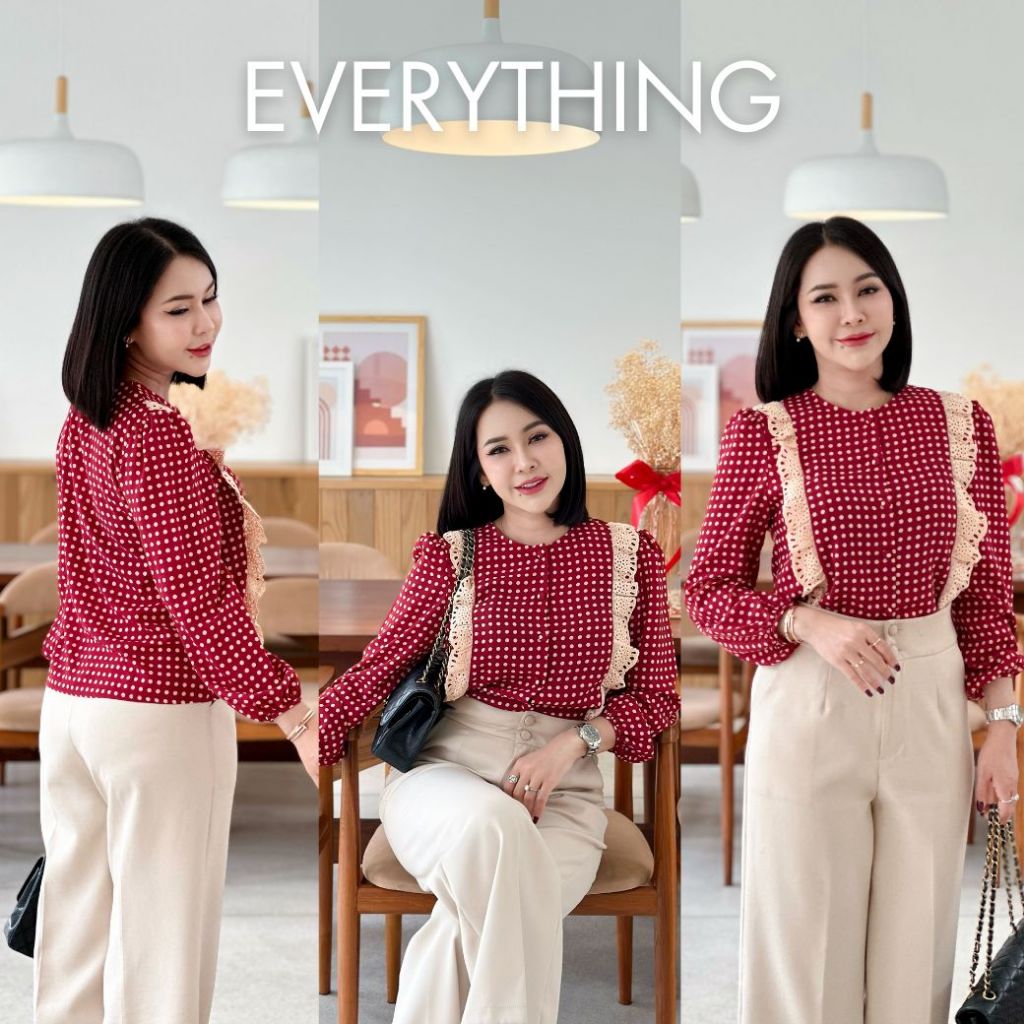 Everything2019 - เสื้อผู้หญิงคอกลม แขนยาว แต่งลูกไม้ ดีไซน์เก๋ มีไซซ์ XS-3XL หน้าผ้า 36-48 (879)