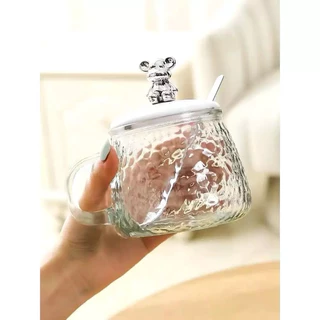 แก้วใส เซ็ต (5 ใบ - 10 ใบ ) สำหรับชงชา กาแฟ ฝาปิดรูปหมีพร้อมช้อนชง (สินค้ามีกล่อง)