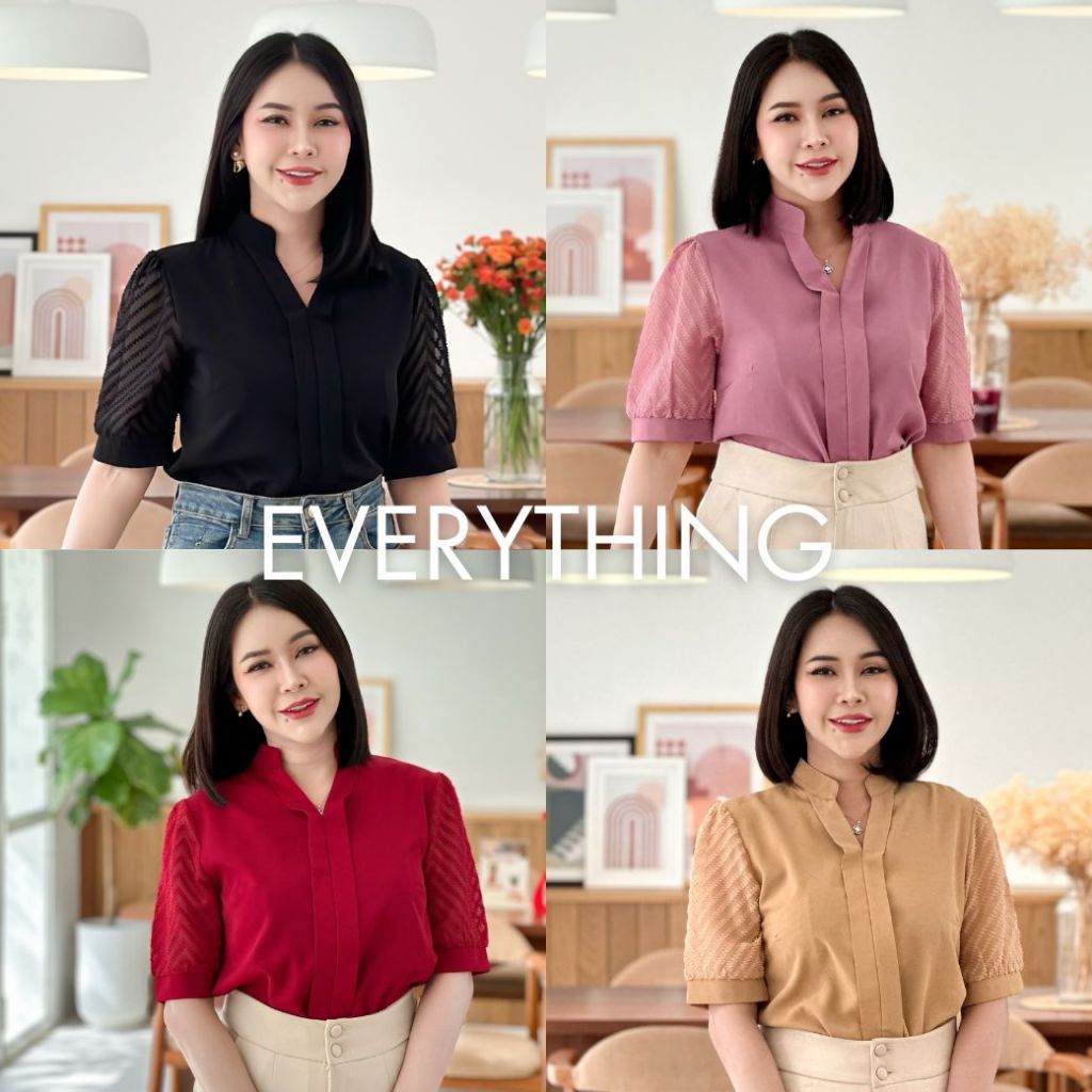 Everything2019 เสื้อทำงานผู้หญิงคอวีจีน แขนสั้นซีทรู ดีเทลสวย (6278)