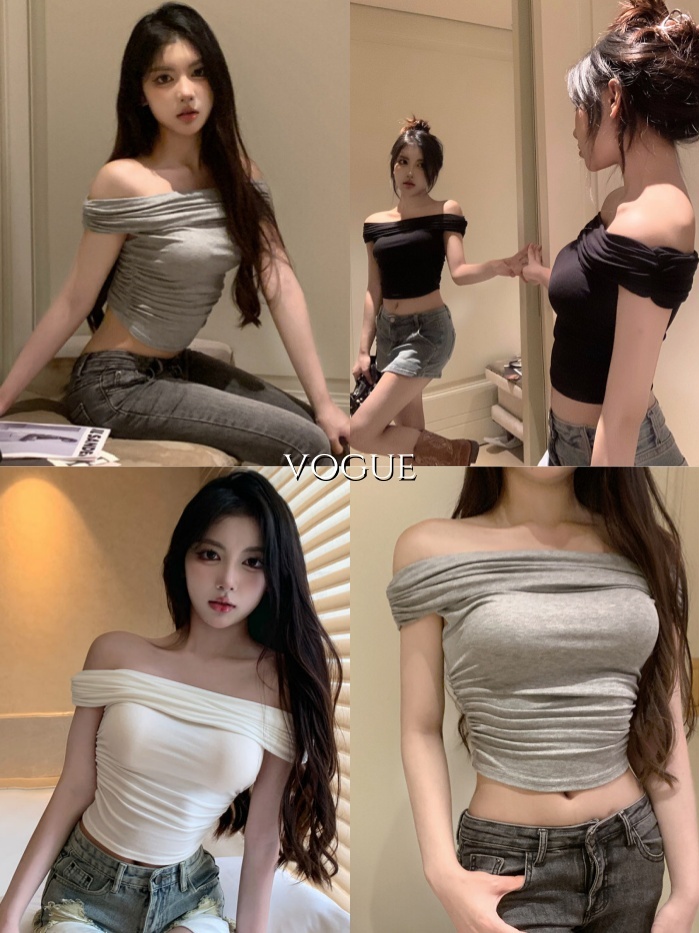 Vogue🌟พร้อมส่ง🌟 เสื้อแขนสั้นเปิดไหล่ เสื้อยืดแขนสั้นรัดรูปเปิดไหล่ ชุดเซ็กซี่ (FY831) -H