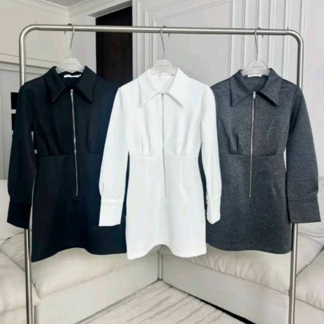 PTD490 ชุดเดรสคอโปโลแขนยาวซิปหน้า PROMTHONG