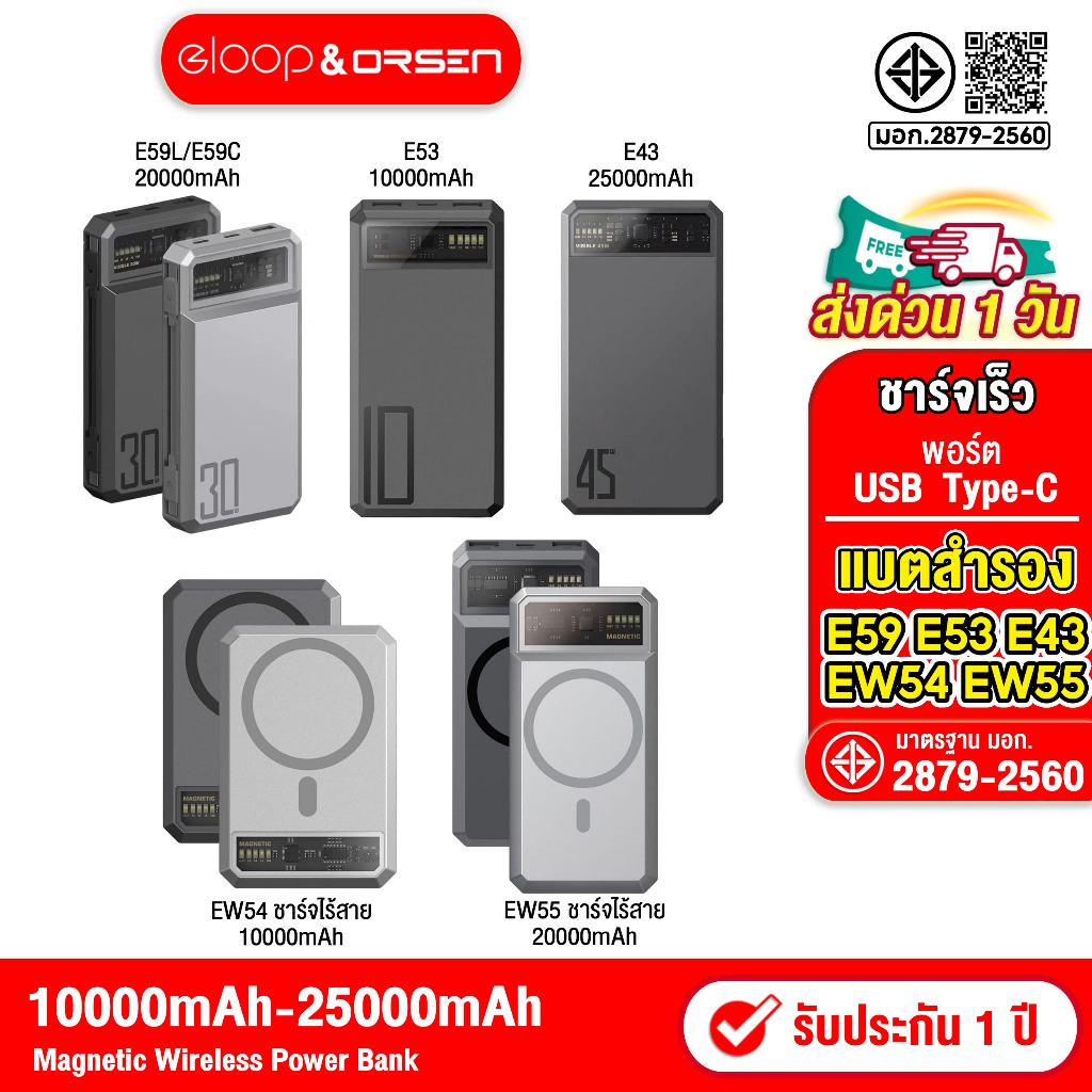 Eloop EW55 20000mAh / E53 10000mAh / EW54 10000mAh /E43 25000mah / E59 20000mAh แบตสำรองไร้สาย