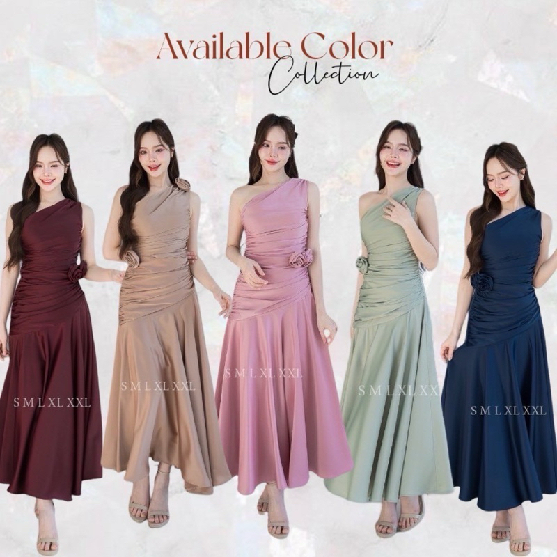 ชุดเดรส ชุดออกงาน ชุดราตรี FP050 เกรดพรีเมี่ยม ไหล่เบี่ยง กระโปรงยาว รูดข้างลำตัว