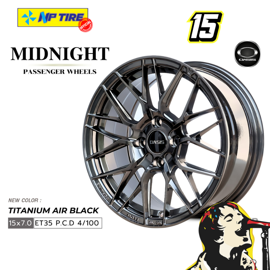 ล้อแม็ก OASIS MIDNIGHT 15x7.0 ET35 P.C.D 4/100 สี TITANIUM AIR BLACK ราคาต่อวง