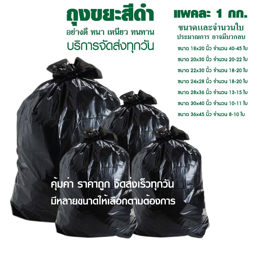 ถุงขยะดำ ถุงขยะแบบหนาเหนียวสีดำ บรรจุแพ็คละ 1กิโลกรัม ไม่มีหูหิ้ว ใช้ในโรงพยาบาลได้