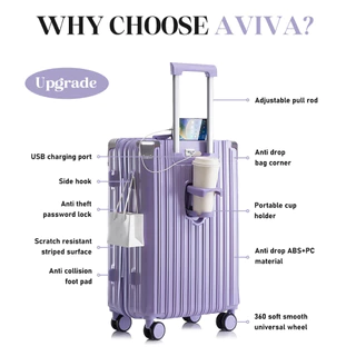 AVIVA กระเป๋าเดินทาง 20/24/28นิ้ว พร้อมตะขอ PC+ABS มีซิปรุ่นซิปล็อครหัสได้ เบา กระเป๋าล้อลาก กระเป๋าเดินท การชาร์จไฟ USB